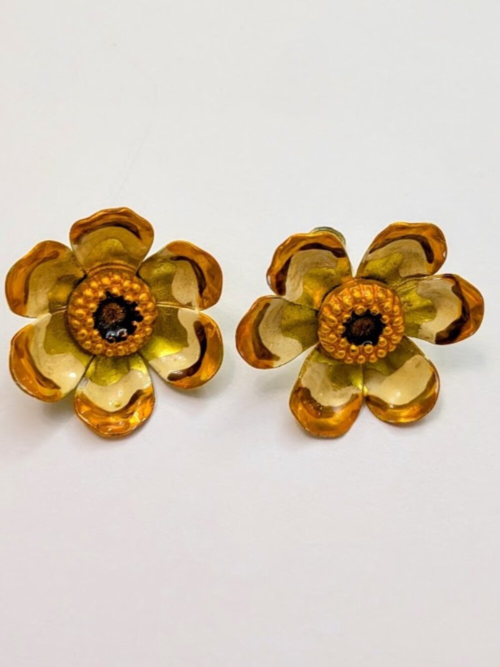 Vintage West Germany Lucite Flower Clip On Earrings Amber Floral